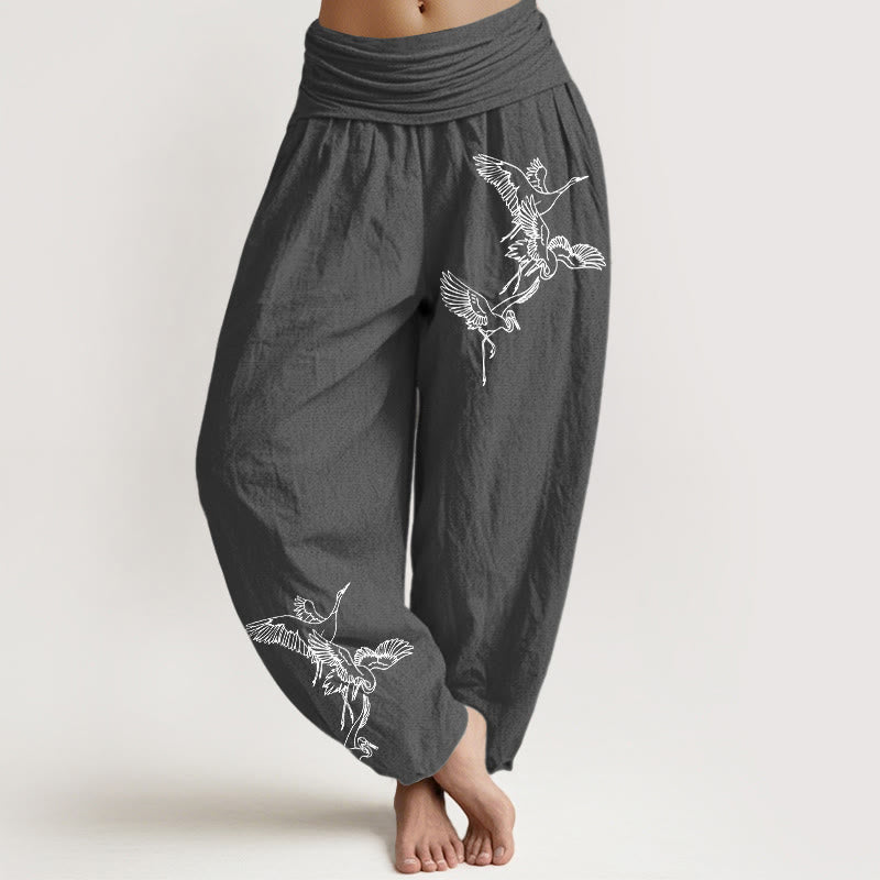 Breathable Cotton Crane Print Mindful Movement Harem Pants