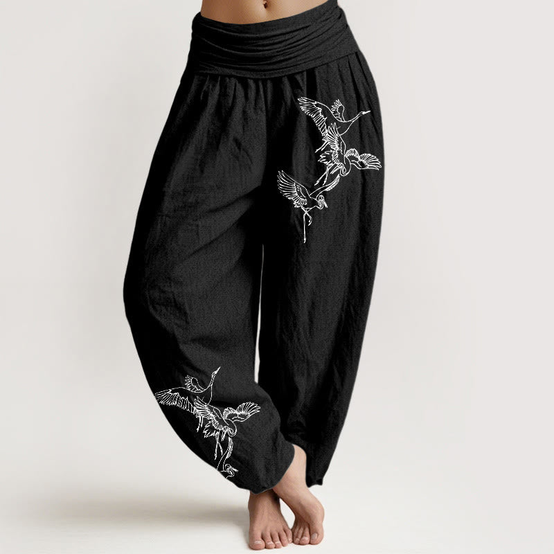 Breathable Cotton Crane Print Mindful Movement Harem Pants