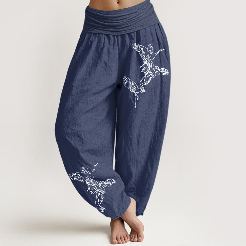 Breathable Cotton Crane Print Mindful Movement Harem Pants