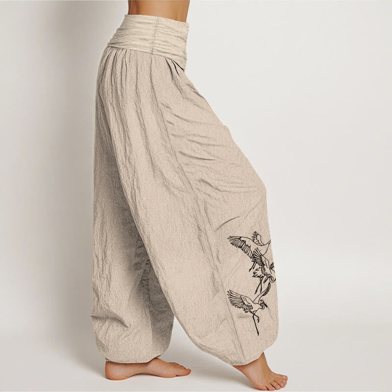 Breathable Cotton Crane Print Mindful Movement Harem Pants