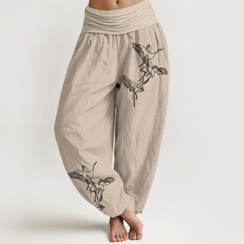 Breathable Cotton Crane Print Mindful Movement Harem Pants