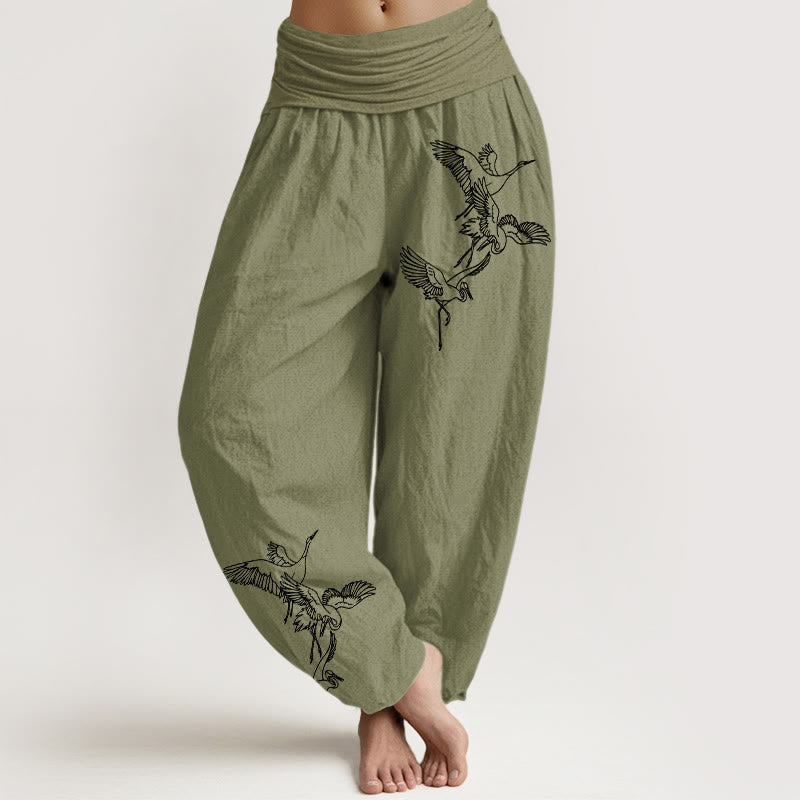 Breathable Cotton Crane Print Mindful Movement Harem Pants