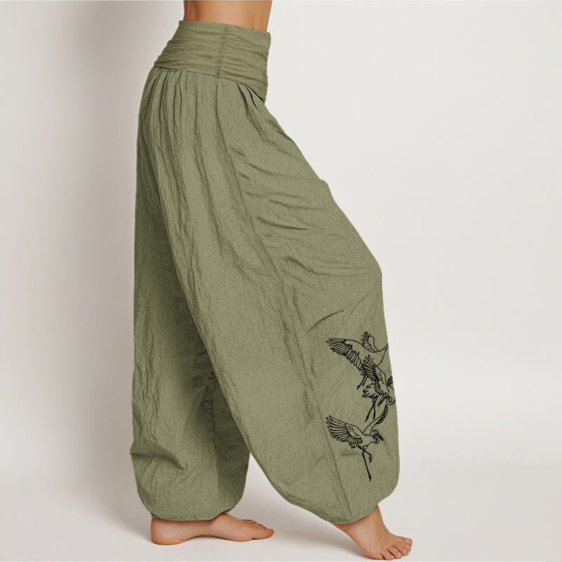 Breathable Cotton Crane Print Mindful Movement Harem Pants