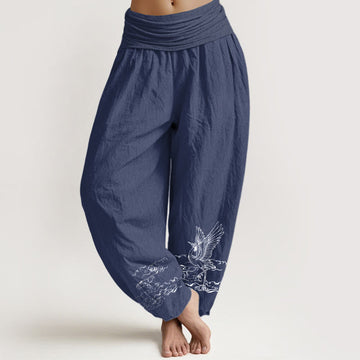 Breathable Cotton Crane Motif Unrestricted Meditation Harem Pants