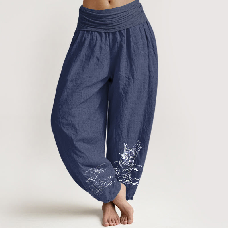 Breathable Cotton Crane Motif Unrestricted Meditation Harem Pants