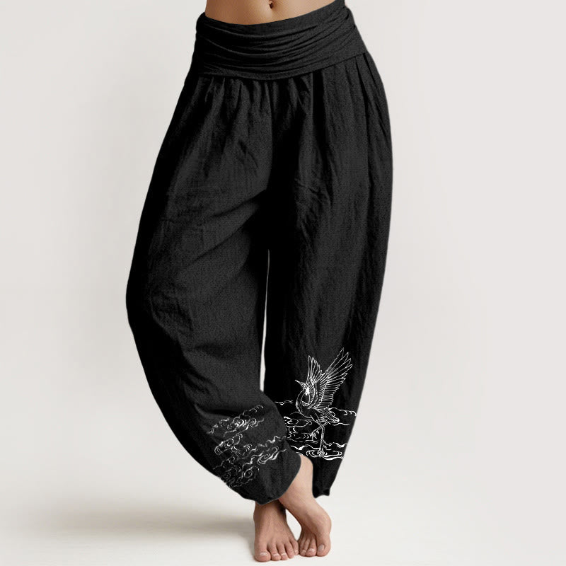 Breathable Cotton Crane Motif Unrestricted Meditation Harem Pants
