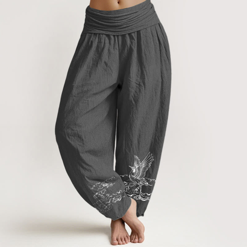Breathable Cotton Crane Motif Unrestricted Meditation Harem Pants