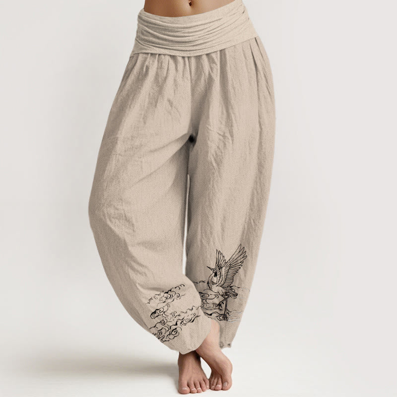 Breathable Cotton Crane Motif Unrestricted Meditation Harem Pants