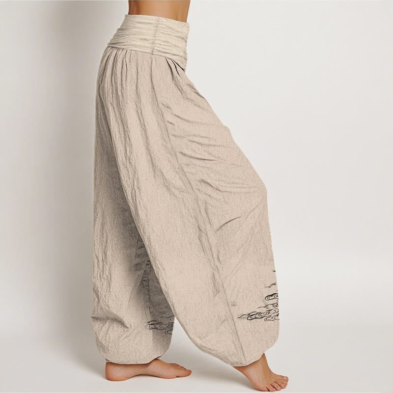 Breathable Cotton Crane Motif Unrestricted Meditation Harem Pants