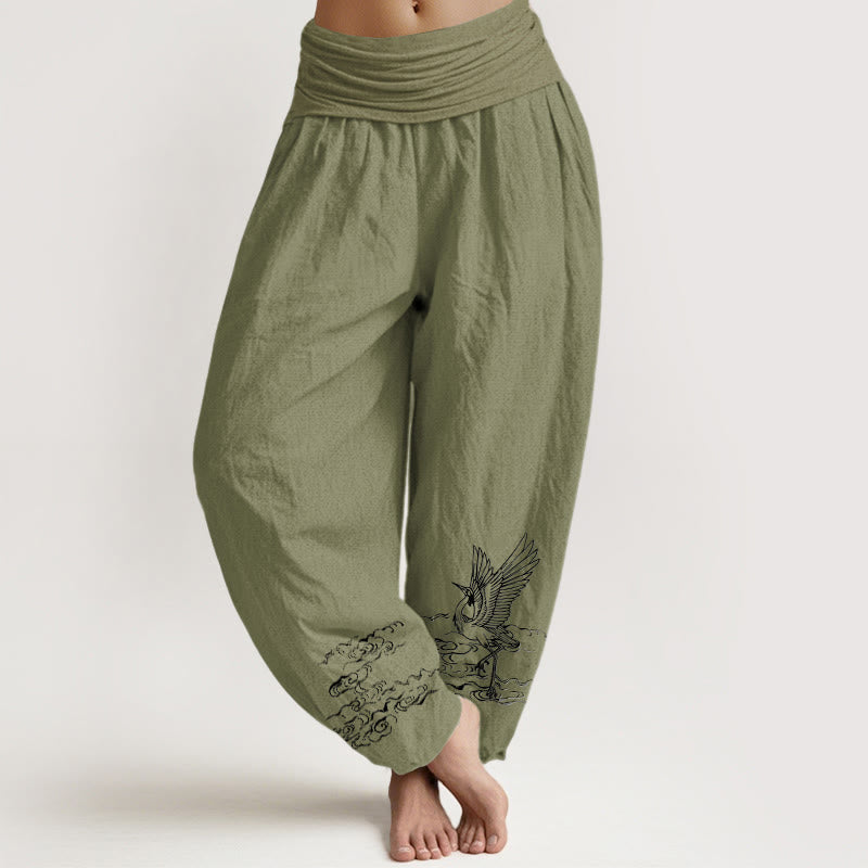 Breathable Cotton Crane Motif Unrestricted Meditation Harem Pants