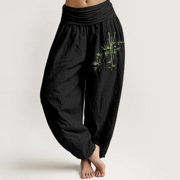 Tactile Cotton Bamboo Print Elastic Waist Meditation Harem Pants
