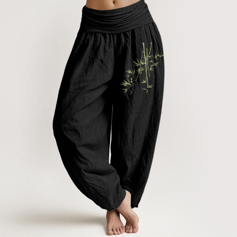 Tactile Cotton Bamboo Print Elastic Waist Meditation Harem Pants