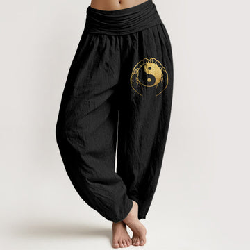 Yin Yang Hand Pattern Women's Elastic Waist Harem Cotton Pants