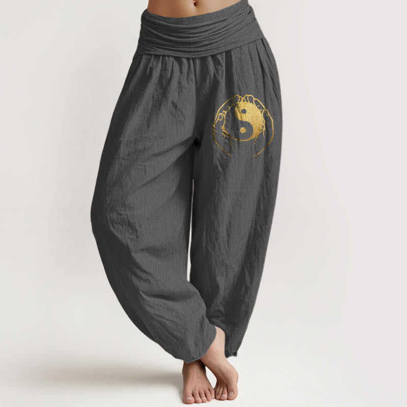 Yin Yang Hand Pattern Women's Elastic Waist Harem Cotton Pants
