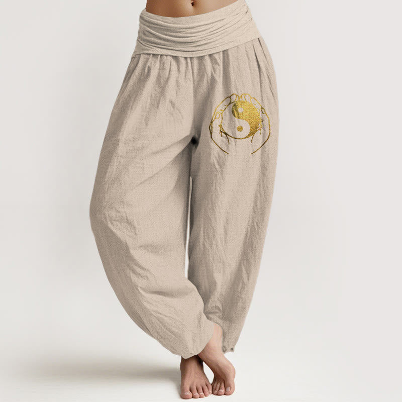 Yin Yang Hand Pattern Women's Elastic Waist Harem Cotton Pants