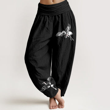 Breathable Cotton Crane Print Mindful Movement Harem Pants
