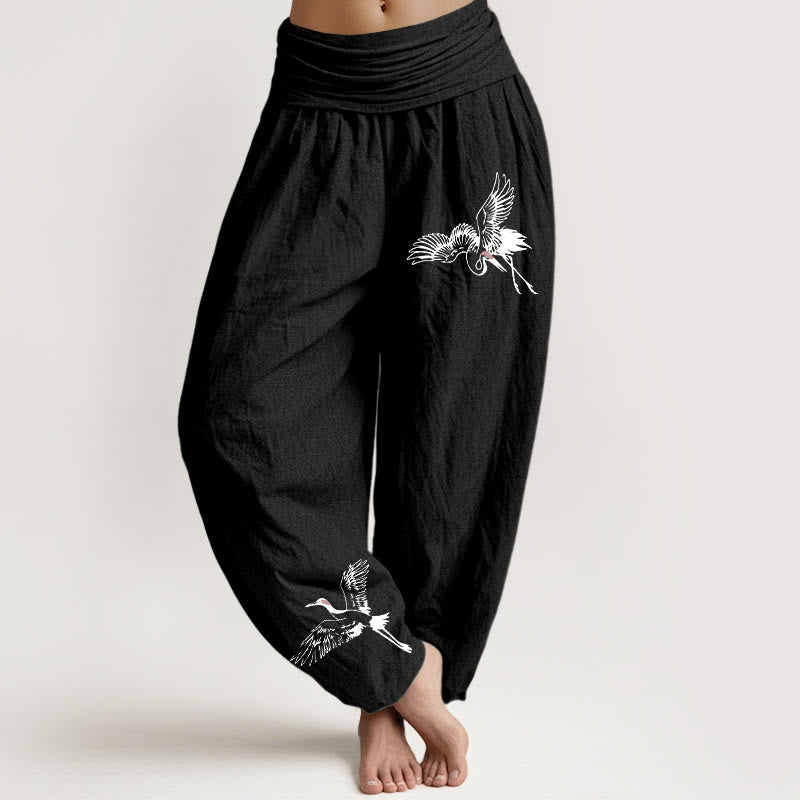 Breathable Cotton Crane Print Mindful Movement Harem Pants