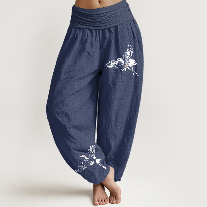 Breathable Cotton Crane Print Mindful Movement Harem Pants