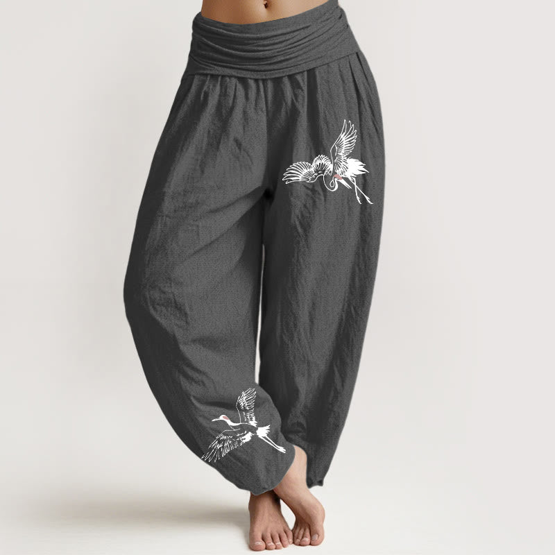 Breathable Cotton Crane Print Mindful Movement Harem Pants