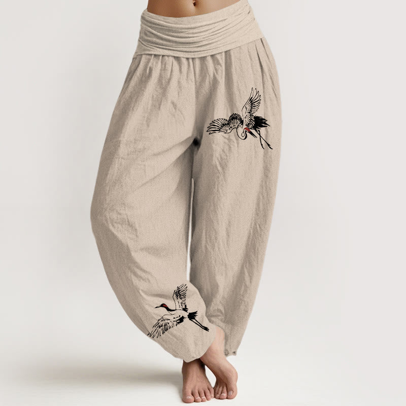 Breathable Cotton Crane Print Mindful Movement Harem Pants