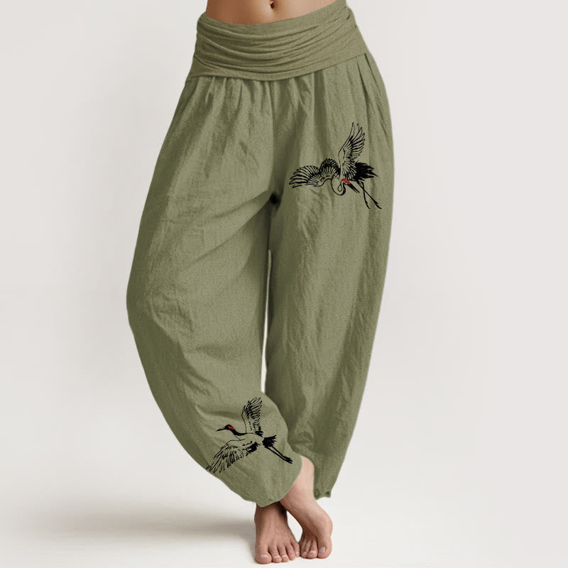 Breathable Cotton Crane Print Mindful Movement Harem Pants