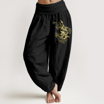Breathable Cotton Golden Dragon Harem Meditation Pants