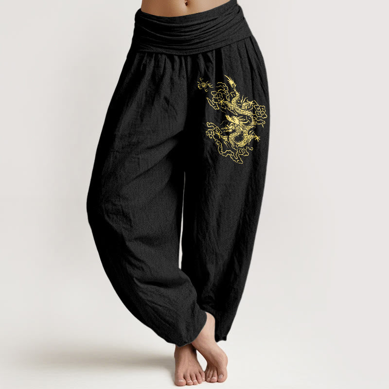 Breathable Cotton Golden Dragon Harem Meditation Pants