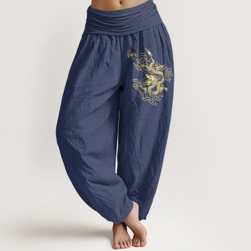 Breathable Cotton Golden Dragon Harem Meditation Pants