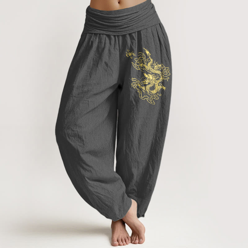 Breathable Cotton Golden Dragon Harem Meditation Pants