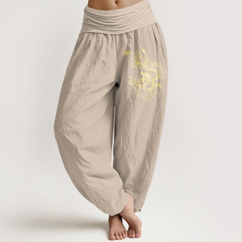 Breathable Cotton Golden Dragon Harem Meditation Pants
