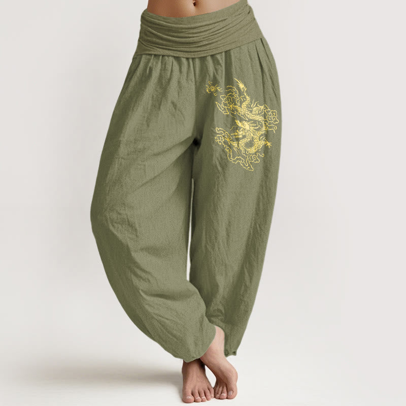 Breathable Cotton Golden Dragon Harem Meditation Pants