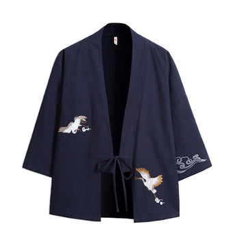 White Crane Auspicious Clouds Embroidery Three Quarter Sleeve Men's Kimono