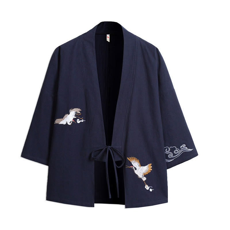 White Crane Auspicious Clouds Embroidery Three Quarter Sleeve Men's Kimono
