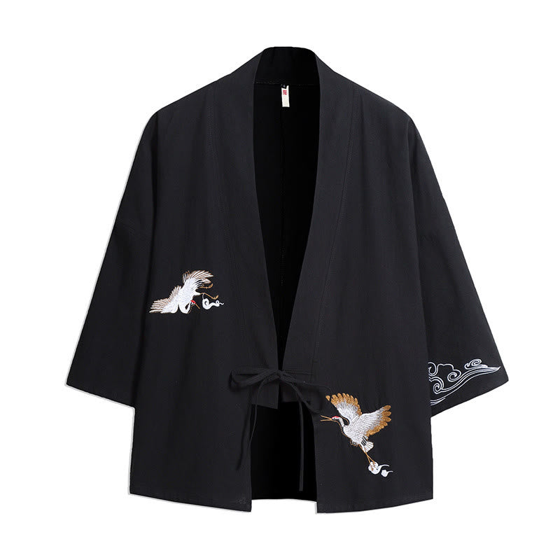 White Crane Auspicious Clouds Embroidery Three Quarter Sleeve Men's Kimono