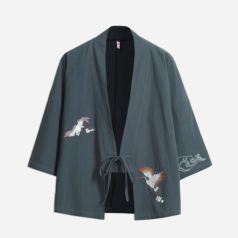 White Crane Auspicious Clouds Embroidery Three Quarter Sleeve Men's Kimono