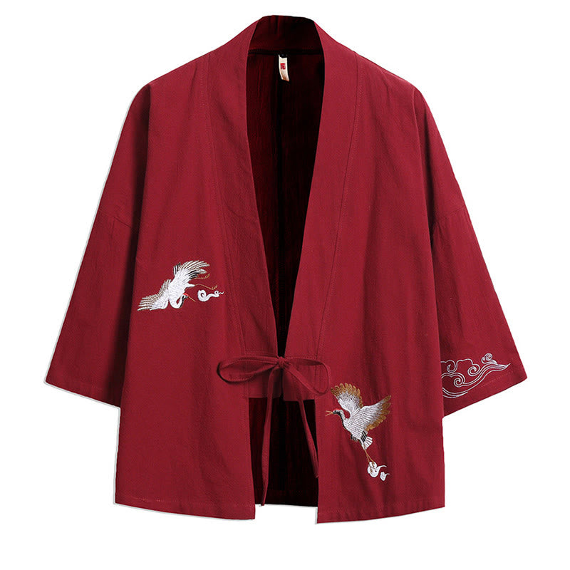 White Crane Auspicious Clouds Embroidery Three Quarter Sleeve Men's Kimono
