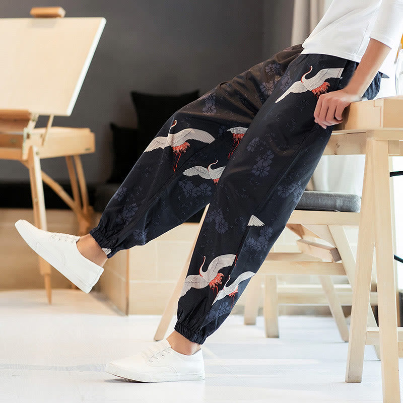 Breathable Cotton Crane Motif Meditation Harem Pants