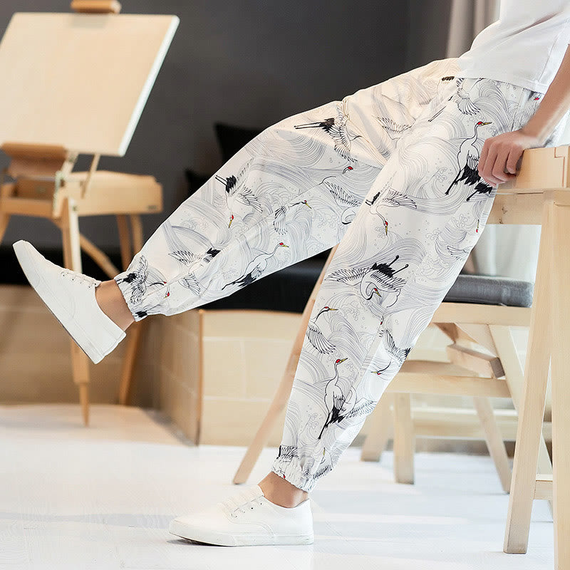 Breathable Cotton Crane Motif Meditation Harem Pants