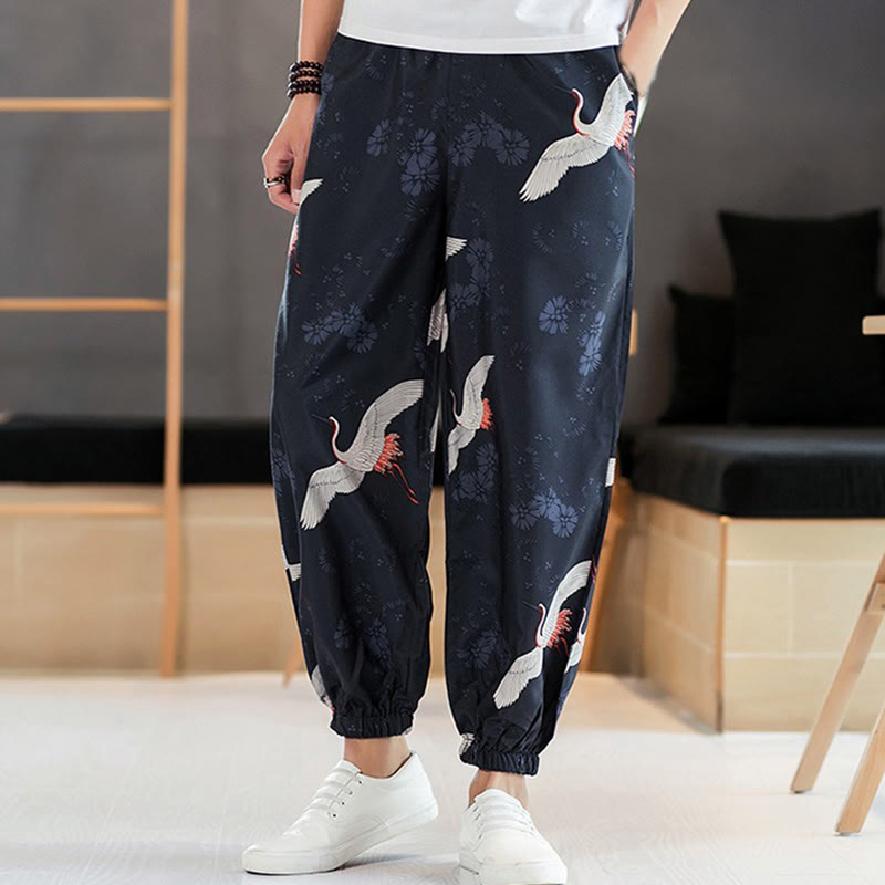 Breathable Cotton Crane Motif Meditation Harem Pants