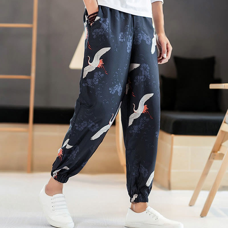 Breathable Cotton Crane Motif Meditation Harem Pants