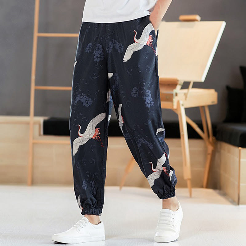 Breathable Cotton Crane Motif Meditation Harem Pants