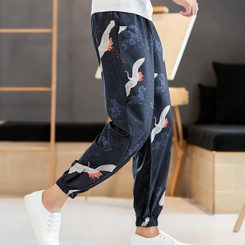 Breathable Cotton Crane Motif Meditation Harem Pants