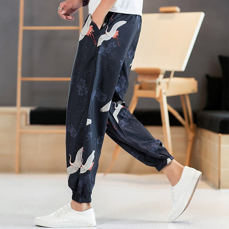 Breathable Cotton Crane Motif Meditation Harem Pants