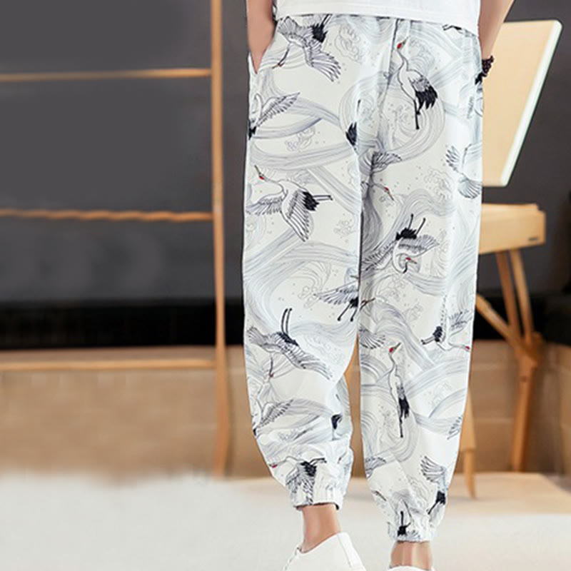 Breathable Cotton Crane Motif Meditation Harem Pants