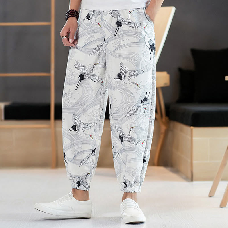 Breathable Cotton Crane Motif Meditation Harem Pants