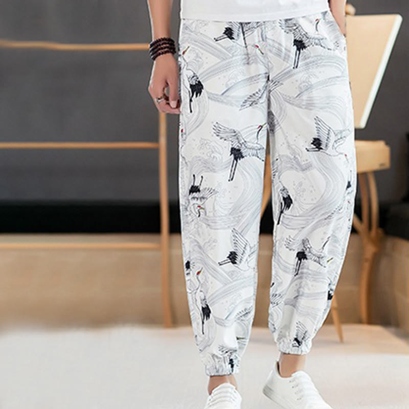 Breathable Cotton Crane Motif Meditation Harem Pants