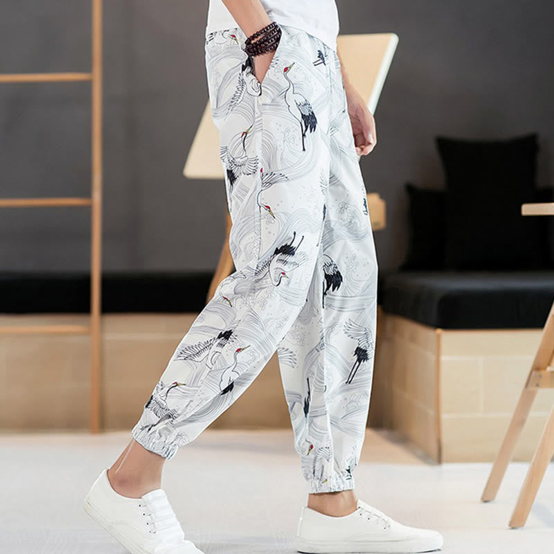 Breathable Cotton Crane Motif Meditation Harem Pants