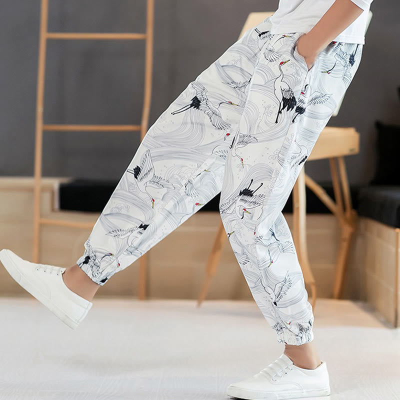 Breathable Cotton Crane Motif Meditation Harem Pants