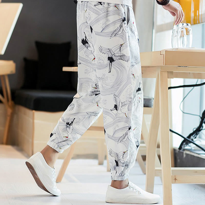 Breathable Cotton Crane Motif Meditation Harem Pants