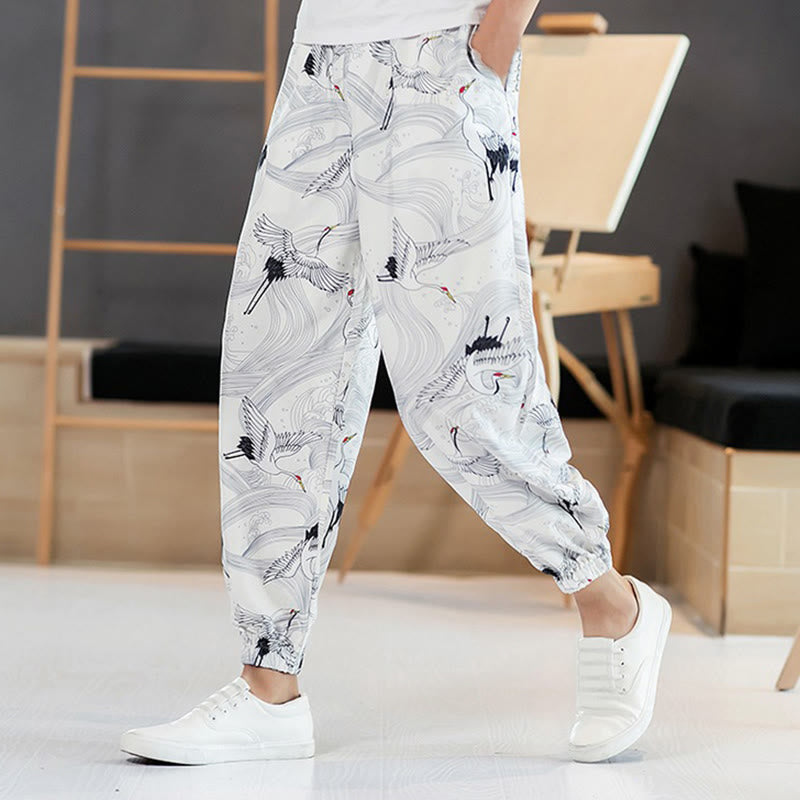 Breathable Cotton Crane Motif Meditation Harem Pants